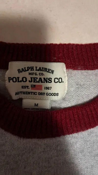 Ralph Lauren Polo Jeans Co. Pullover Herren M Lammwolle Grau Rot Raglan