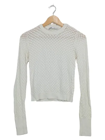 ZARA Damen Strickpullover Lochmuster Weiß Cropped Langarm Gr. S