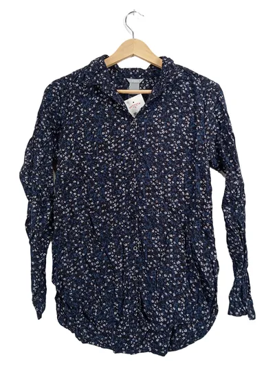 Lindex Damen Bluse Langarm Blumenmuster Viskose Blau Gr. S/36