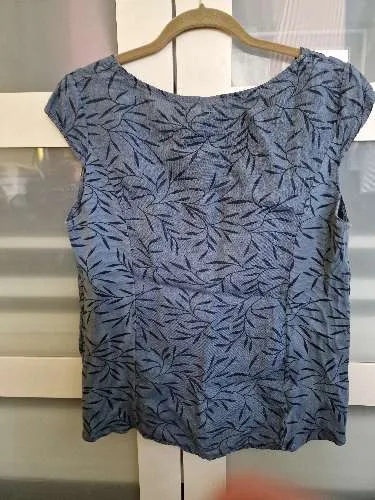 Lina Tomei Bluse Damen XL Blau Blättermuster Leinen Made in Italy