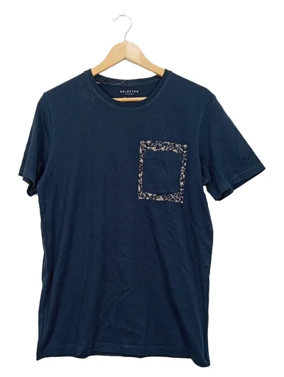 Selected Homme Herren T-Shirt Gr. M Blau Brusttasche Floral Bio-Baumwolle