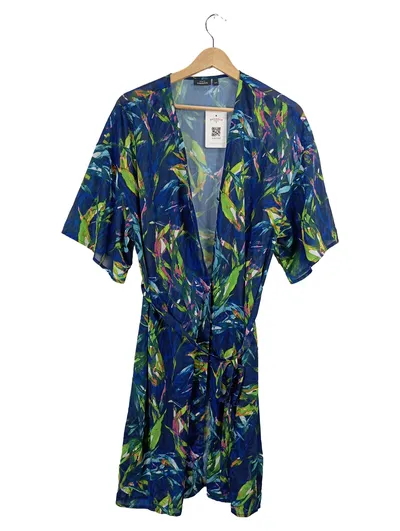 Kappahl Morgenmantel Damen XS/S Blau Tropisch Floral Wickel Kimono