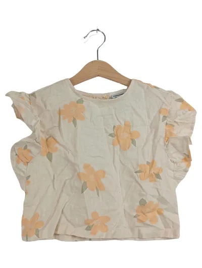 Lily & Dan Mädchen T-Shirt Gr. 104 Blumenmuster Rüschen Leinen Beige Freizeit