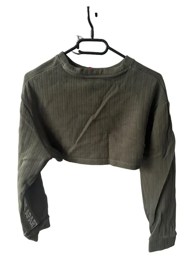 Oceans Apart Damen Crop Pullover Langarm Rippstrick Oliv Gr. S
