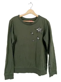 EDC Damen Pullover Gr. S Oliv Sterne Pailletten Langarm Baumwolle 1
