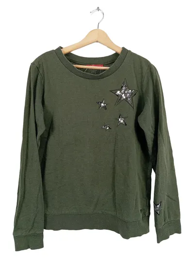 EDC Damen Pullover Gr. S Oliv Sterne Pailletten Langarm Baumwolle
