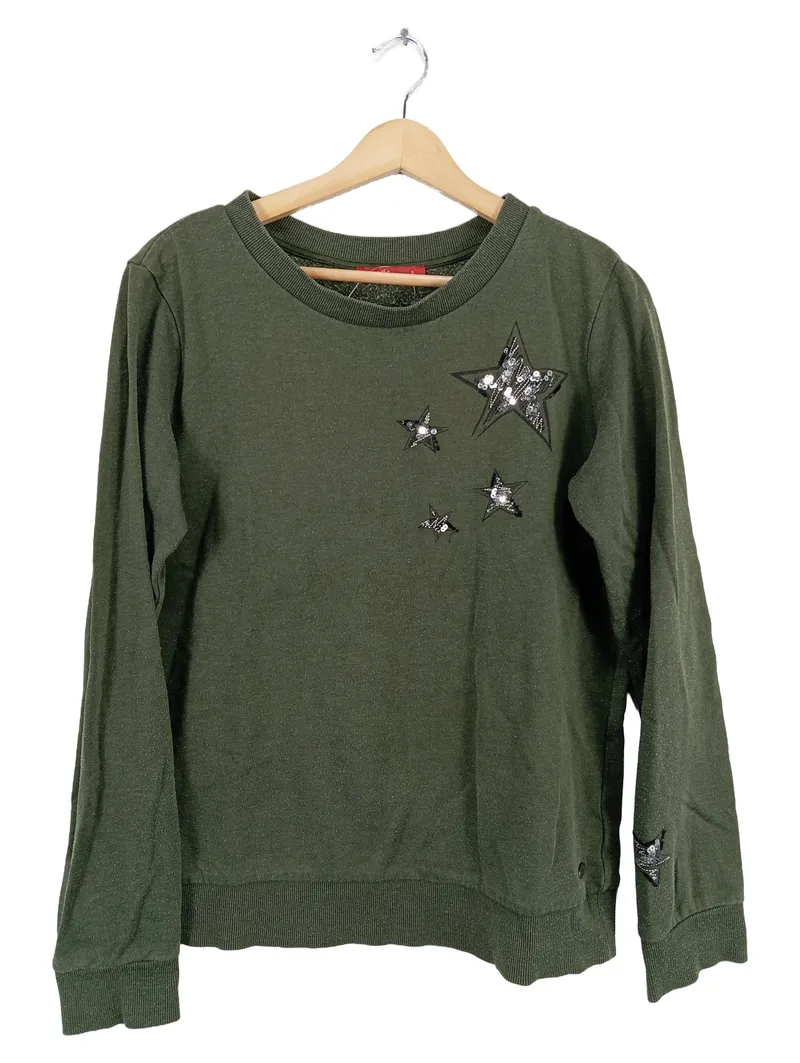 EDC Damen Pullover Gr. S Oliv Sterne Pailletten Langarm Baumwolle 2