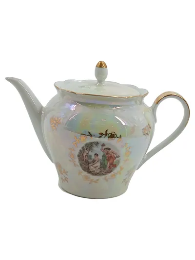 Kahla Teekanne Porzellan Lüster Dekor GDR Vintage Goldrand Figurenmotiv