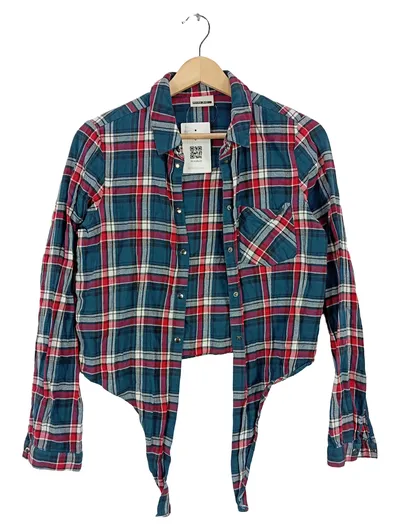 Noisy May Damen Flanellhemd Kariert Cropped Bindedetail Gr. S Petrol Rot