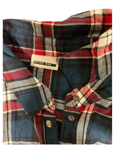 Noisy May Damen Flanellhemd Kariert Cropped Bindedetail Gr. S Petrol Rot