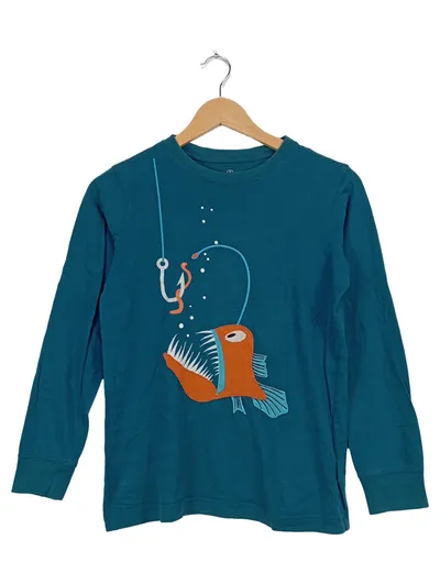 LANDS' END Kinder Langarmshirt Anglerfisch Applikation Gr. 134/152 Petrol