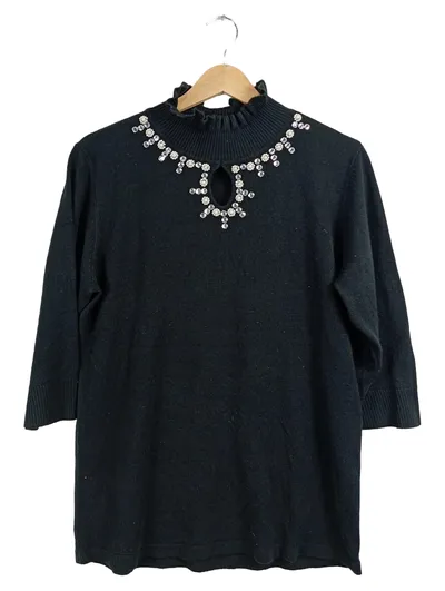CASHMASOFT Damen Pullover Elegant Schwarz Strass Rüschen Cut-Out Perlen 42 XL