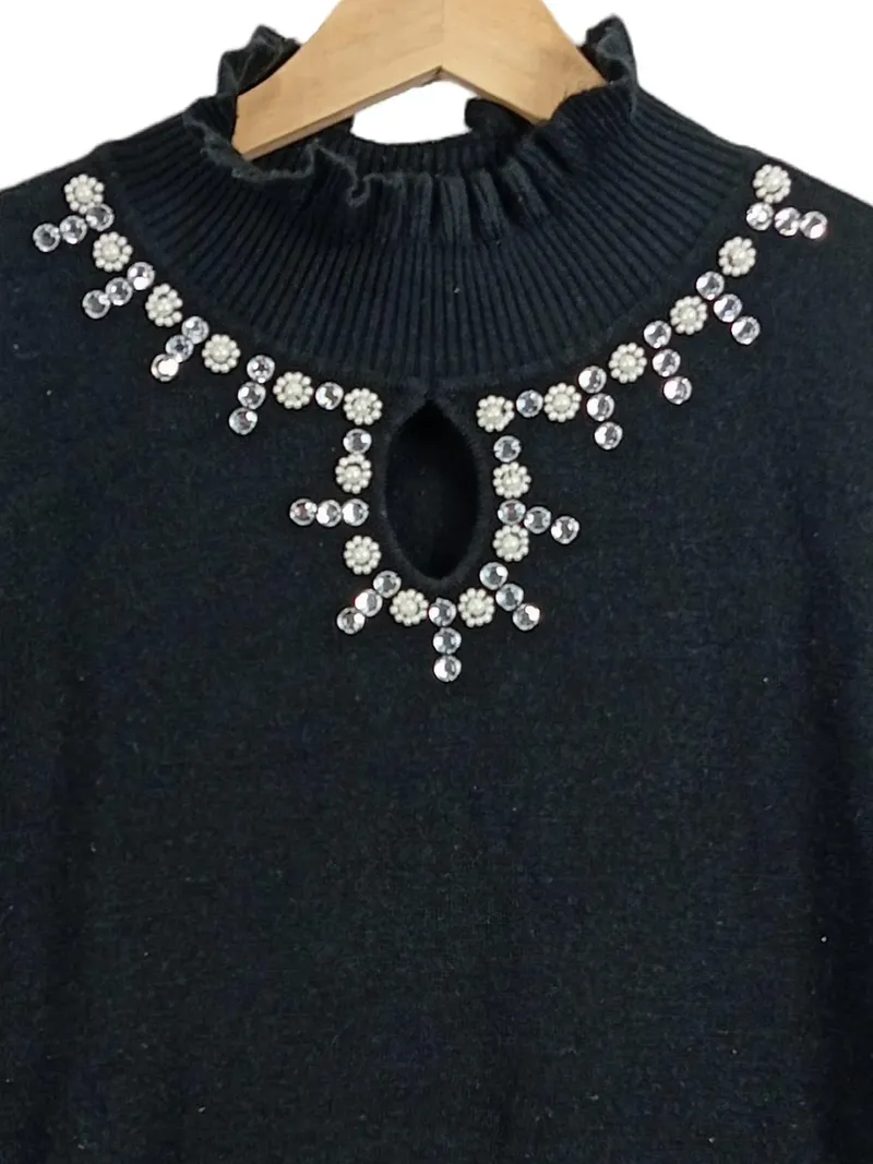 CASHMASOFT Damen Pullover Elegant Schwarz Strass Rüschen Cut-Out Perlen 42 XL 2
