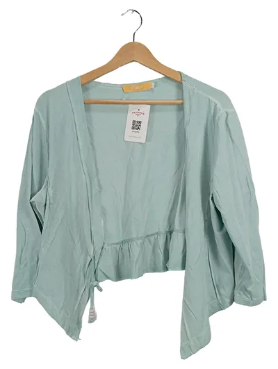 BiBA Strickjacke Damen Gr. XL Türkis Langarm Viskose Rüschen Bindeverschluss