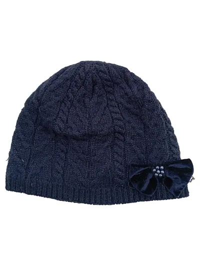 Monsoon Kinder Mütze Zopfstrickmuster Schleife Perlen Glitzer Blau 6-13 J.