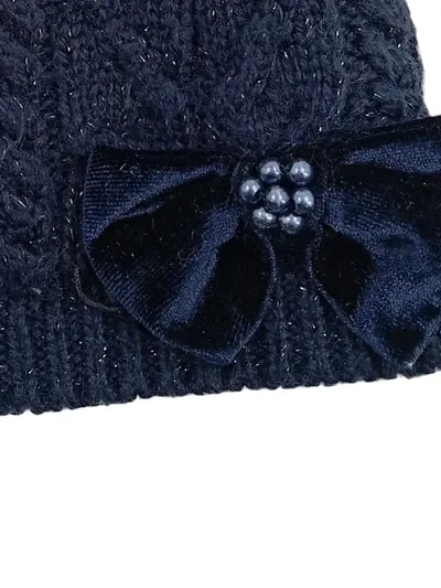 Monsoon Kinder Mütze Zopfstrickmuster Schleife Perlen Glitzer Blau 6-13 J.