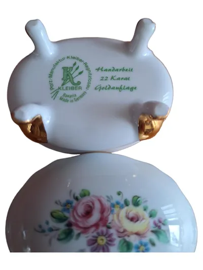 Kleiber Porzellan Schmuckschatulle Dose 22 Karat Gold Blumen Bavaria Handarbeit