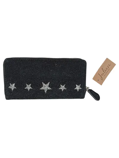 Juleeze Damen Geldbörse Schwarz Filz Glitzer Sterne Portemonnaie 20x10 cm