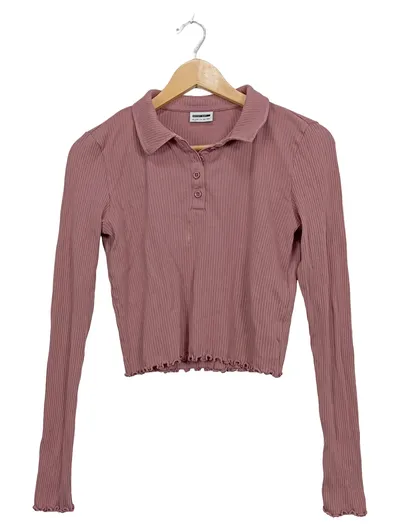 Noisy May Damen Langarmshirt Polokragen Rippstrick Rosa Cropped Gr. S
