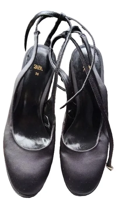 ZARA Damen Plateau Slingpumps Schwarz Satin Blockabsatz Gr. 36