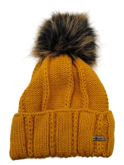 ACHTI Strickmütze Bommelmütze Gelb Fleecefutter Zopfmuster Wintermütze
