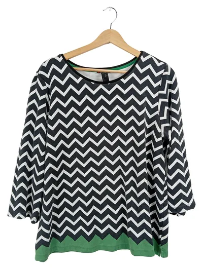 Street One Damen Shirt Gr. 44 Zickzack Muster Schwarz Weiß Grün 3/4-Arm