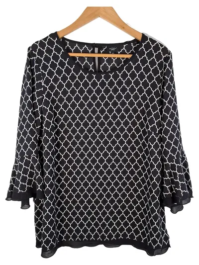 Bexleys Woman Damen Bluse Gr. 42 Schwarz Weiß Muster Glockenärmel Elegant