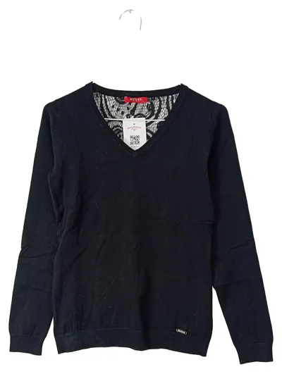 GUESS Damen Pullover Gr. S Schwarz Spitze V-Ausschnitt Langarm Elegant