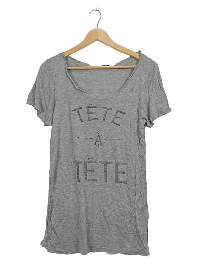 ZARA Damen T-Shirt Grau Tête à Tête Print Gr. M Casual V-Ausschnitt