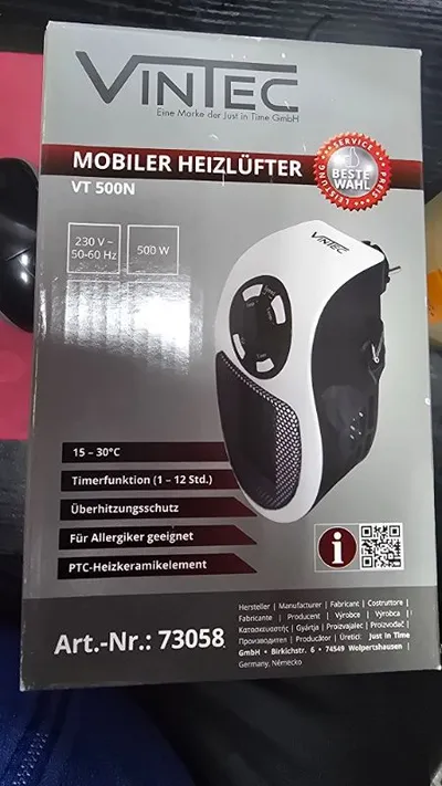 Vintec VT 500N Mobiler Heizlüfter 500W PTC Keramik Timer Weiß