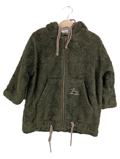 Markenlos Fleecejacke Kinder Gr. 98 Oliv Kapuze Stickerei Reißverschluss