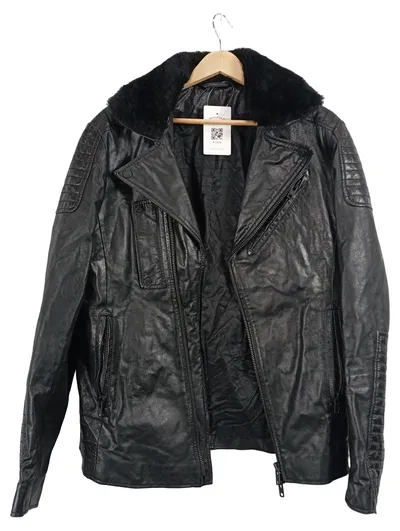 DRYKORN Lederjacke Herren Gr. 48 Schwarz Lammfellkragen Bikerstil