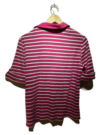 Olsen Damen Poloshirt Gr. 42 Pink Gestreift Kurzarm Freizeit Baumwolle