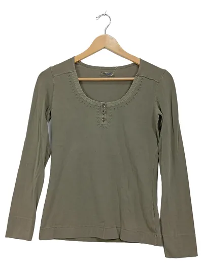 Closed Damen Langarmshirt Henley Gr. S Oliv Baumwolle Stickerei Knopfleiste
