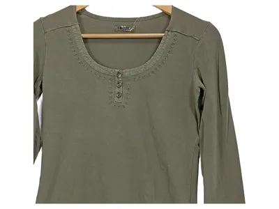 Closed Damen Langarmshirt Henley Gr. S Oliv Baumwolle Stickerei Knopfleiste