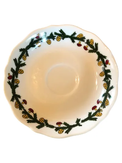 Tirschenreuth Untertasse Porzellan Tannenzweig Pilze Zapfen Weihnachten Weiß