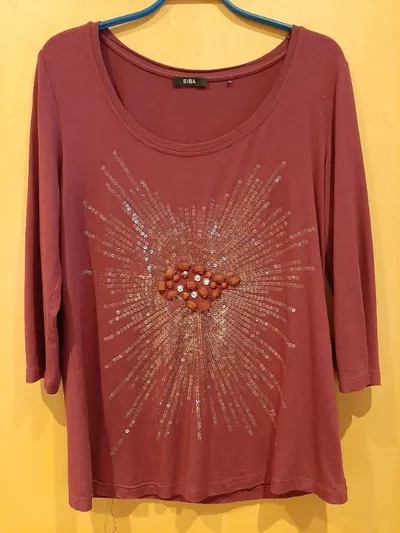 BiBA Damen Shirt Gr. M Lila Pailletten Strasssteine 3/4-Arm Glamourös