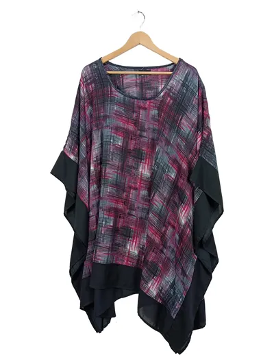 MIAMODA Damen Poncho Gr. 58 Mehrfarbig Abstrakt Schwarz Pink Grau Übergröße