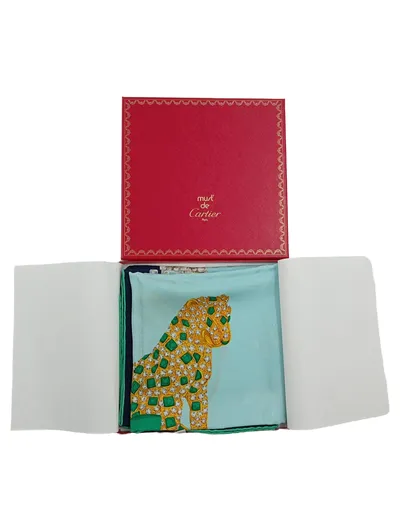Must de Cartier Paris Seidentuch Panther Leopard Türkis 86x86cm
