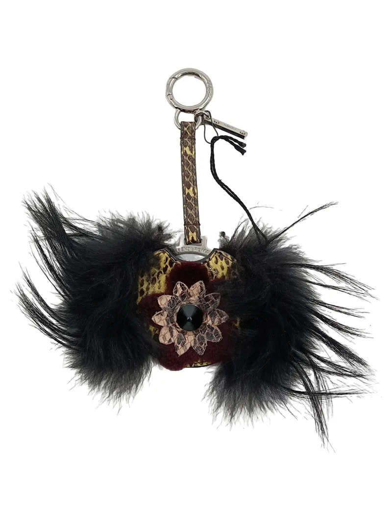 Fendi Roma Schlüsselanhänger Taschenanhänger Fell Blume Python Leder Schwarz 1
