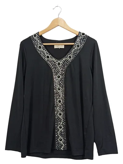 Judith Williams Damen Top Elegant Langarm Viskose Strass Perlen Schwarz 40