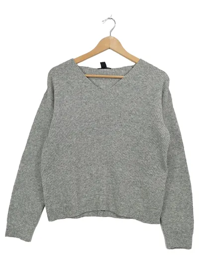 UP 2 FASHION Damen Pullover V-Ausschnitt Grau Rippstrick Gr. S
