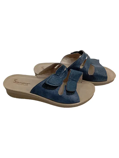 Sanipur Damen Pantoletten Blau Gr. 39 Komfort Klettverschluss Textil