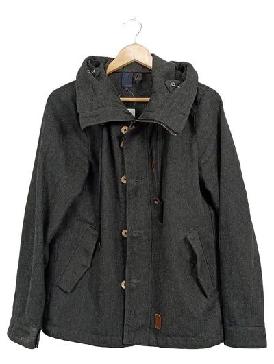 Revelation Herren Parka Jacke mit Kapuze Gr. XS Grau Wolle Fischgrät