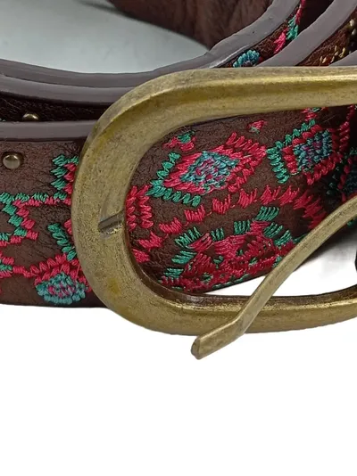 Desigual Damen Leder Gürtel Stickerei Blumen Boho Braun 114cm