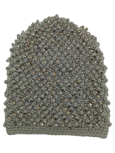 Hallhuber Beanie Mütze Damen Grau Strass Perlen Glamourös Festlich