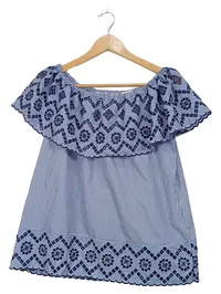 Cartoon Damen Bluse Gr. 38 Blau Weiß Gestreift Stickerei Schulterfrei 1