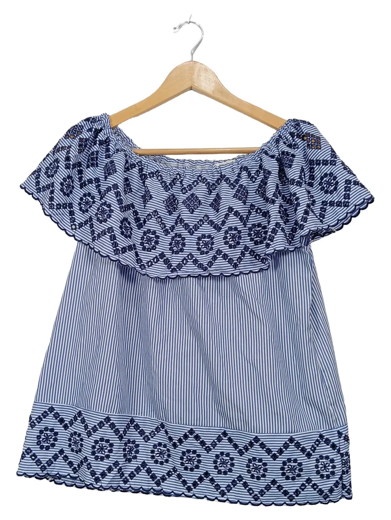 Cartoon Damen Bluse Gr. 38 Blau Weiß Gestreift Stickerei Schulterfrei 1