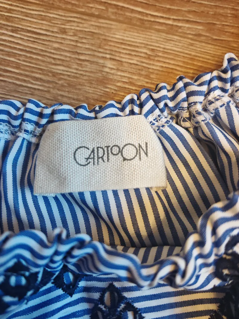 Cartoon Damen Bluse Gr. 38 Blau Weiß Gestreift Stickerei Schulterfrei 7