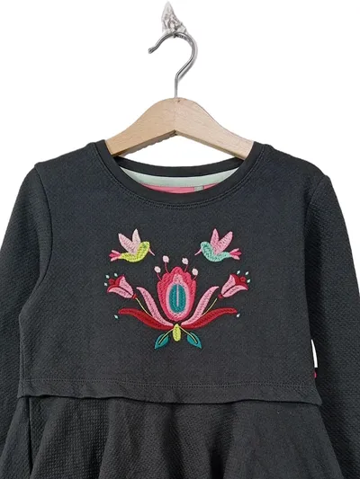 sigikid Mädchen Sweatkleid Blumenmuster Grau Gr. 122 Baumwolle Stickerei